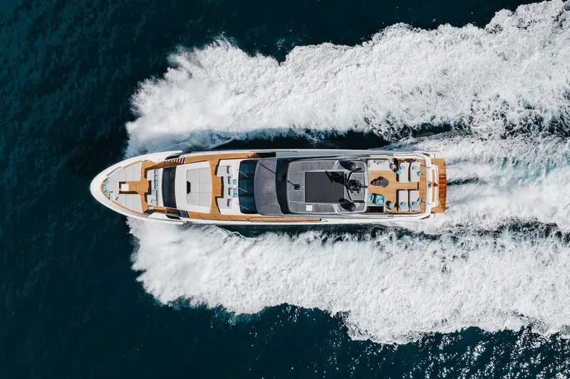 Slide: The Image of Aerial view of 2020 Sanlorenzo SLA120A yacht cruising on open water. - 4