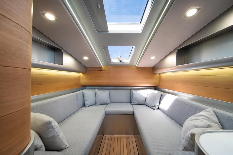 Slide: The Image of Luxurious interior of 2022 Novamarine BS 160 Outboard with modern seating and skylight. - 4