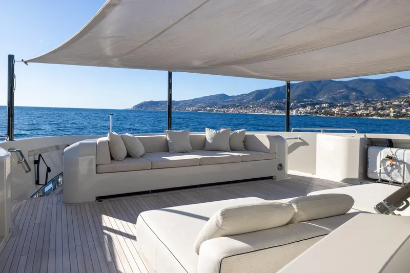 Slide: The Image of Luxurious 2023 Cantiere Delle Marche RJ 115 yacht deck with ocean view and comfortable seating. - 36