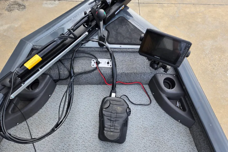 Slide: The Image of 2019 Tracker Pro Team 175 TF boat deck with trolling motor and Garmin fishfinder. - 63