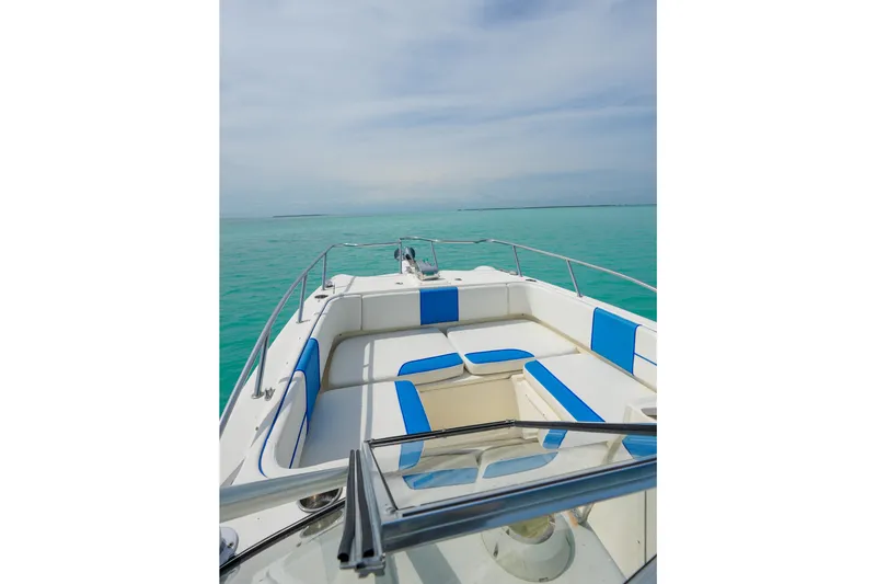 Slide: The Image of 2006 World Cat 250 DC boat with blue and white seating on turquoise water. - 10