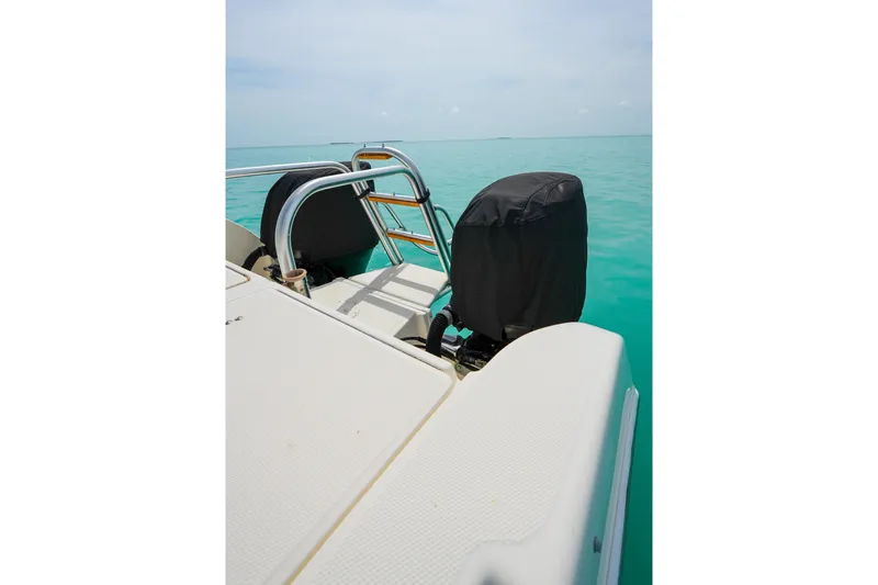 Slide: The Image of 2006 World Cat 250 DC boat on turquoise water, featuring covered outboard motor. - 19