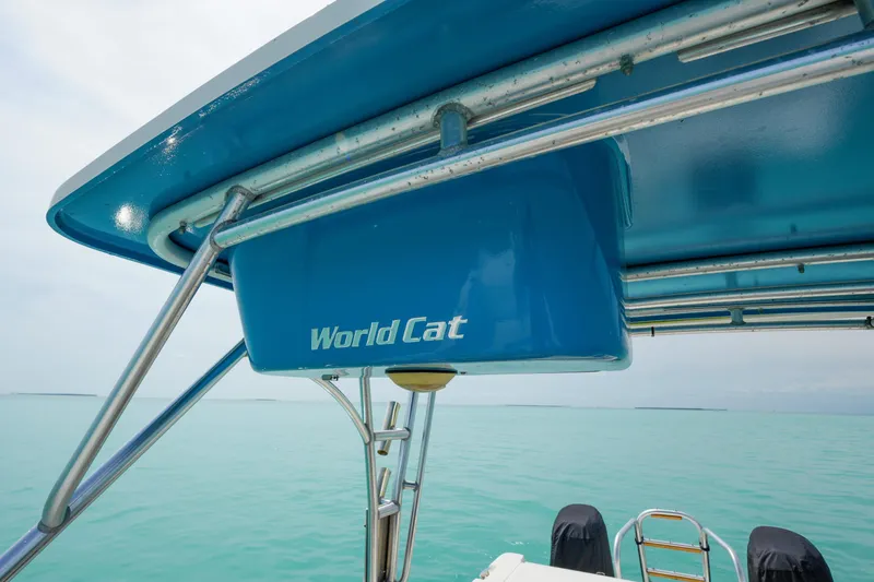 Slide: The Image of 2006 World Cat 250 DC boat with blue canopy on calm water. - 27