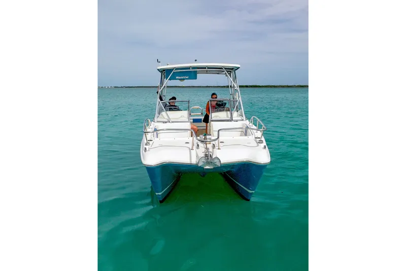 Slide: The Image of 2006 World Cat 250 DC boat on turquoise water, front view. - 3