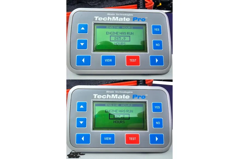 Slide: The Image of TechMate Pro displaying engine hours for 2005 Baja 30 Outlaw boat. - 94