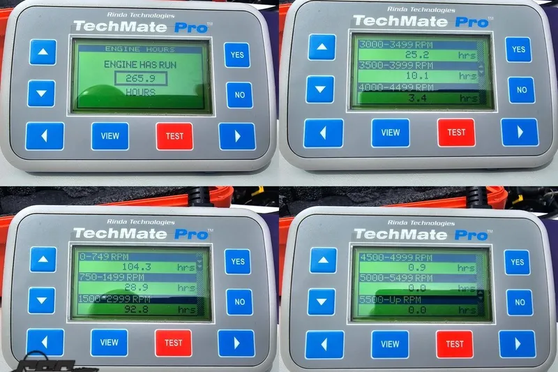 Slide: The Image of TechMate Pro displays engine hours and RPM data for 2005 Baja 30 Outlaw. - 95