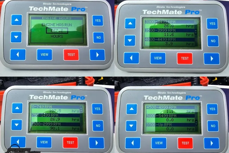 Slide: The Image of TechMate Pro displays engine hours and RPM data for 2005 Baja 30 Outlaw. - 96