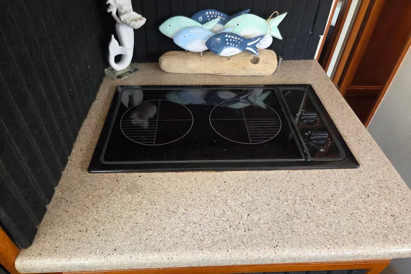 Slide: The Image of Ceramic cooktop on Egg Harbor Golden Egg 42 yacht, 1990 model, with decorative fish display. - 25