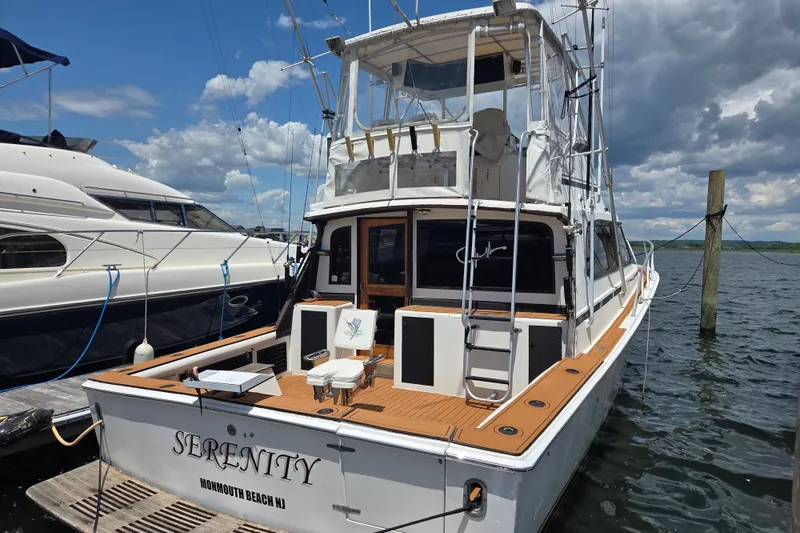 Slide: The Image of 1990 Egg Harbor Golden Egg 42 yacht docked, named "Serenity," Monmouth Beach, NJ. - 4