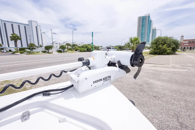 Slide: The Image of Minn Kota Terrova motor on 2023 Blazer Bay 2200 boat, urban backdrop. - 33