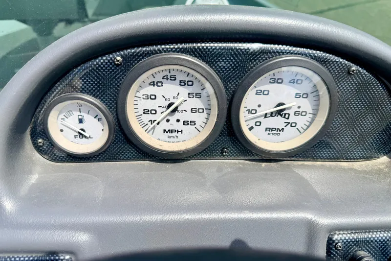 Slide: The Image of Dashboard gauges of a 2003 Lund 1675 Adventure SS boat, displaying fuel, speed, and RPM. - 36