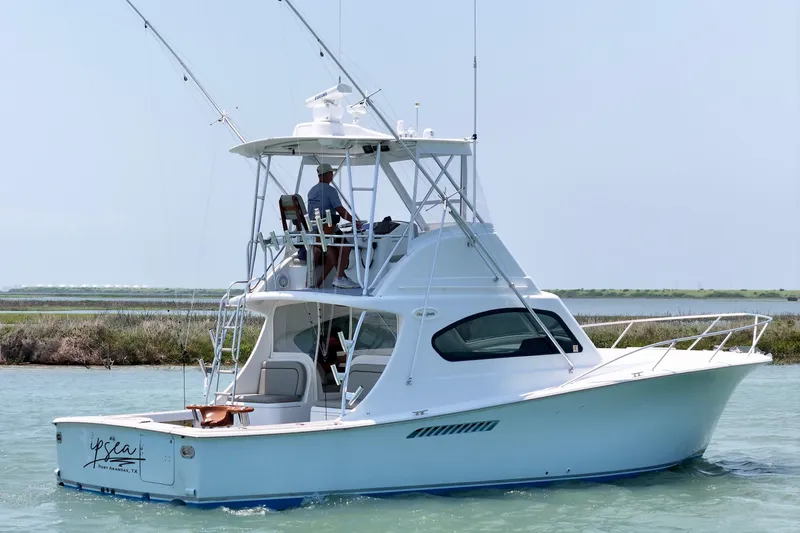 The Image of 2008 Ocean Yacht 37 Billfish cruising on calm waters near a grassy shoreline. - 0