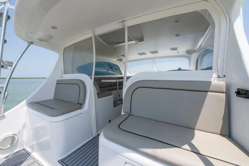 Slide: The Image of Interior view of 2008 Ocean Yacht 37 Billfish, featuring sleek seating and modern design. - 11