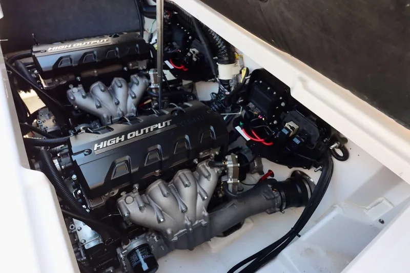 Slide: The Image of 2023 Yamaha Boats AR250 engine compartment with high output engines. - 39