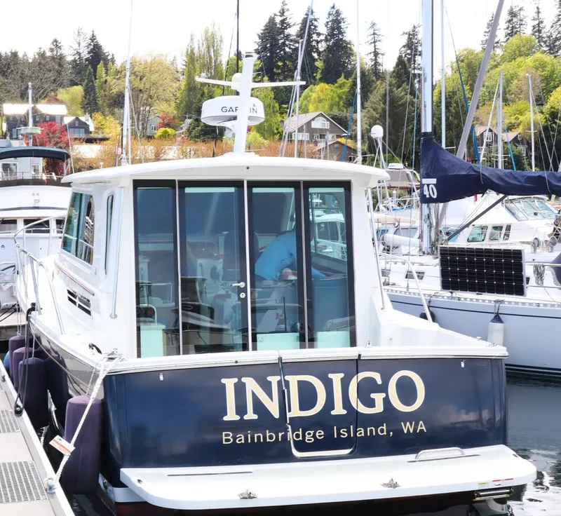 Slide: The Image of 2017 Back Cove 37 yacht docked at Bainbridge Island marina. - 15