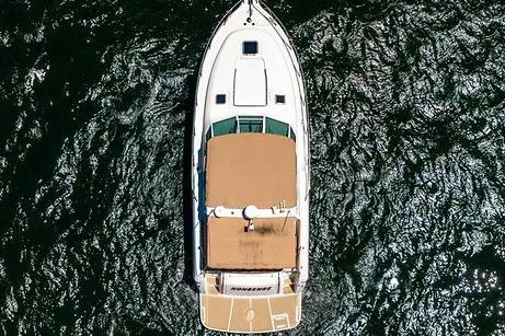 Slide: The Image of Aerial view of 2000 Tiara 3500 EXPRESS yacht on water. - 9