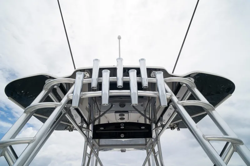 Slide: The Image of 2018 SeaVee 390Z boat tower with rod holders against cloudy sky. - 42
