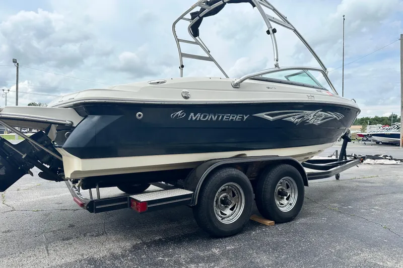 Slide: The Image of 2008 Monterey 194FS boat on trailer, featuring sleek design and dual-axle support. - 4