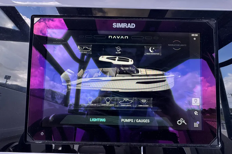 Slide: The Image of Simrad display showing Navan S30 boat controls, 2026 model, with lighting and navigation options. - 45