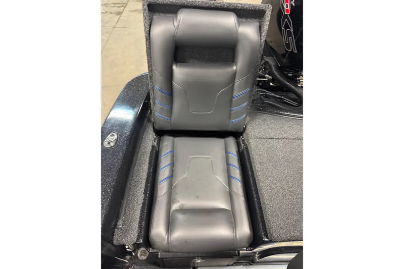 Slide: The Image of 2021 Nitro ZV19 Sport boat seat with sleek gray upholstery and blue accents. - 20