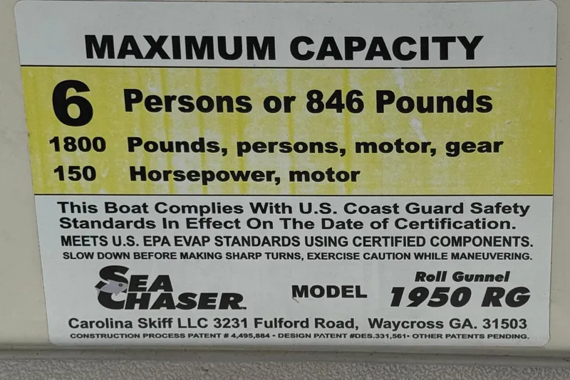 Slide: The Image of 2013 Carolina Skiff Sea Chaser 1950 RG capacity label: 6 persons, 846 pounds, 150 horsepower. - 25