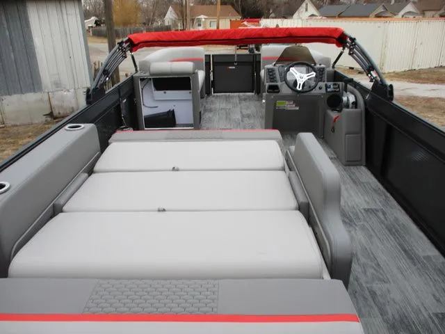 Slide: The Image of Interior of 2023 Qwest E 824 Splash pontoon boat with gray seating. - 6