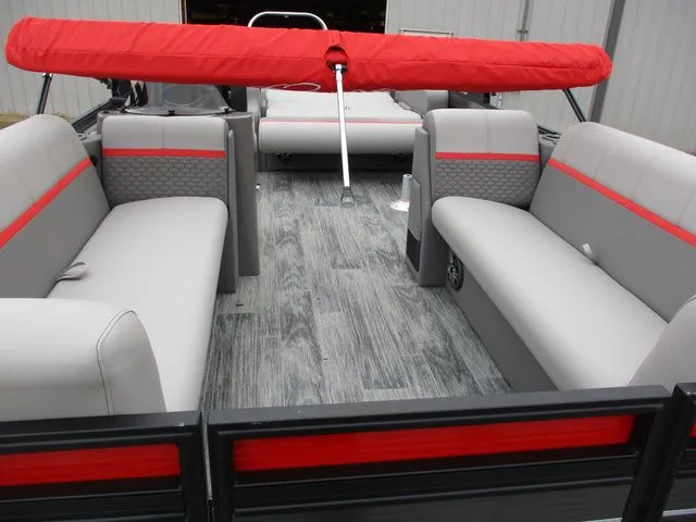 Slide: The Image of Interior of 2023 Qwest E 824 Splash pontoon boat with gray and red seating. - 7
