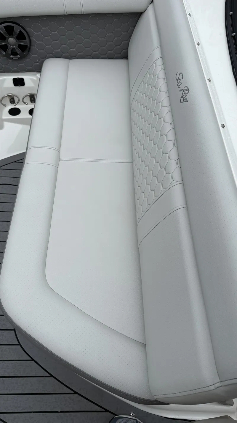 Slide: The Image of Interior of 2021 Sea Ray SDX250 with gray upholstery. - 4
