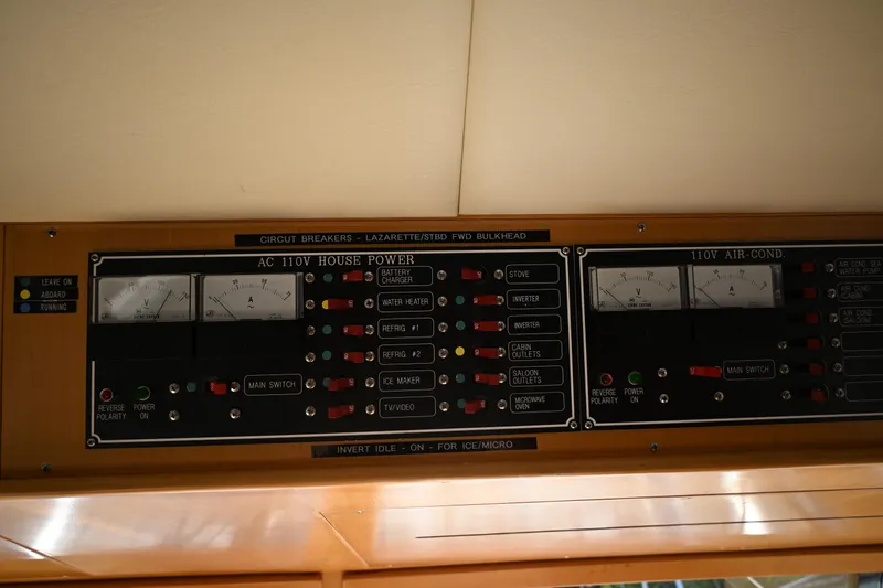 Slide: The Image of Electrical panel on a 1999 McKinna 47 Sedan, featuring AC 110V house power controls. - 67