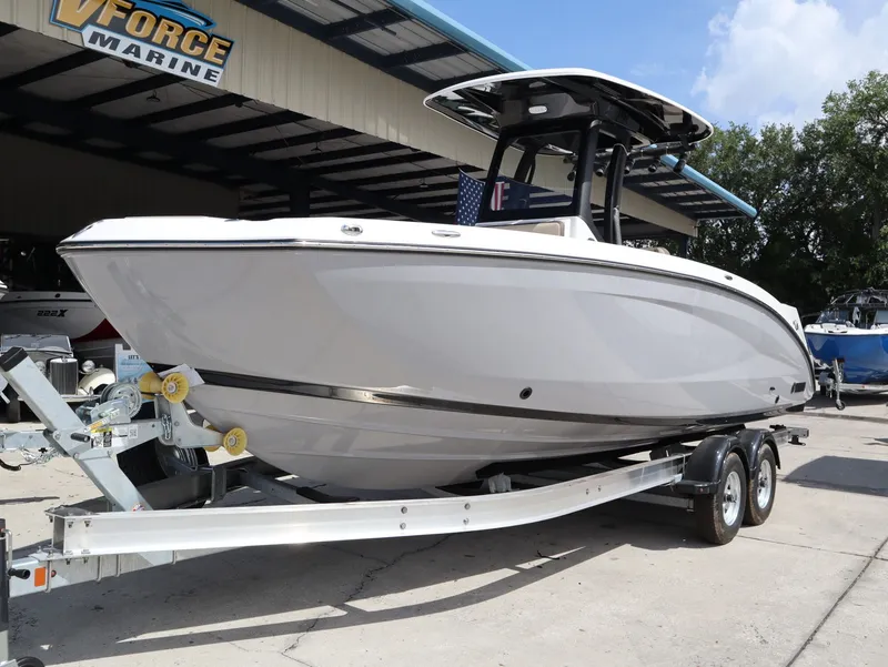 Slide: The Image of 2026 Yamaha Boats 255 FSH Sport H on trailer at VForce Marine. - 2