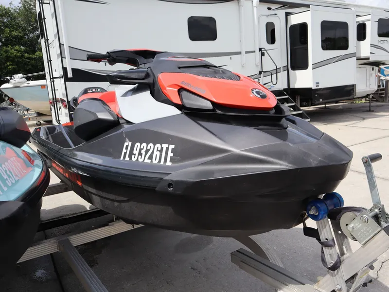 Slide: The Image of 2022 Sea-Doo GTI 130 jet ski on trailer, side view. - 5