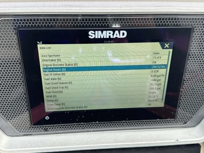 Slide: The Image of Simrad display showing engine data for 2019 Manitou SES 230. - 26