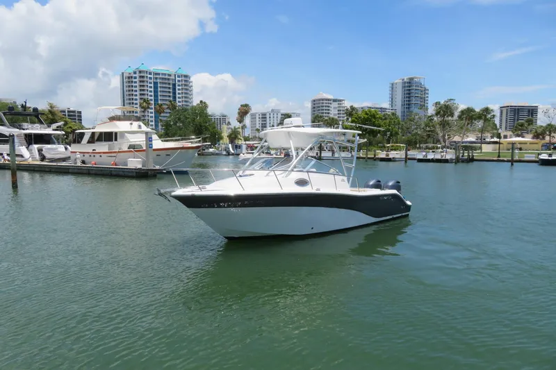 Slide: The Image of 2017 Sea Fox 256 Voyager boat docked in a marina with city skyline background. - 10