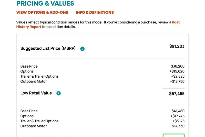Slide: The Image of Pricing details for 2017 Sea Fox 256 Voyager, MSRP $91,203, low retail $67,455. - 89