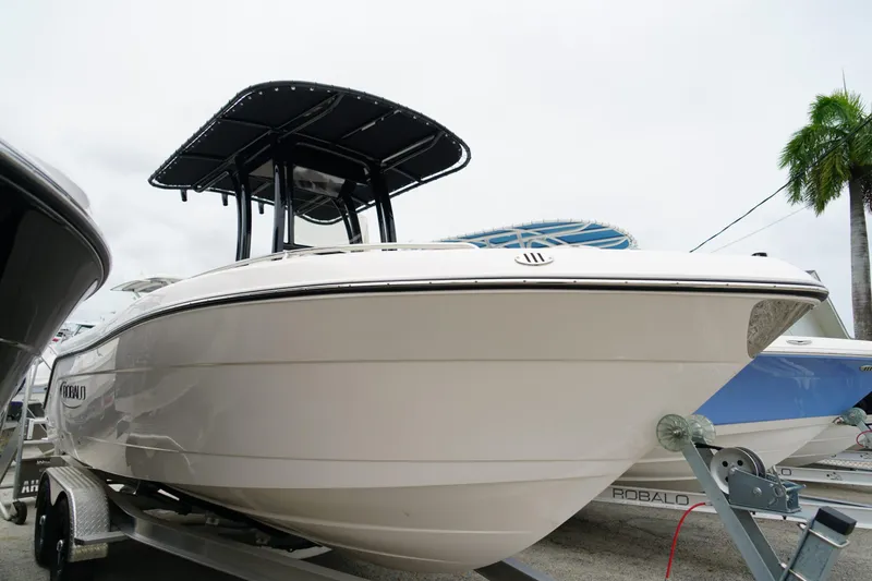 The Image of 2025 Robalo R222 Center Console boat on trailer, palm tree in background. - 0