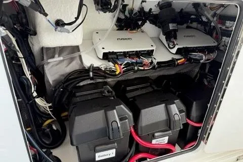 Slide: The Image of Electrical system of a 2026 Regulator 31 boat, featuring batteries and wiring. - 19
