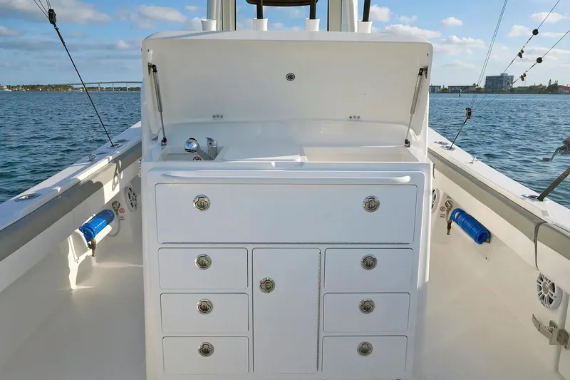 Slide: The Image of Manufacturer Provided Image: 2026 Regulator 31 boat interior with storage compartments and ocean view. - 37
