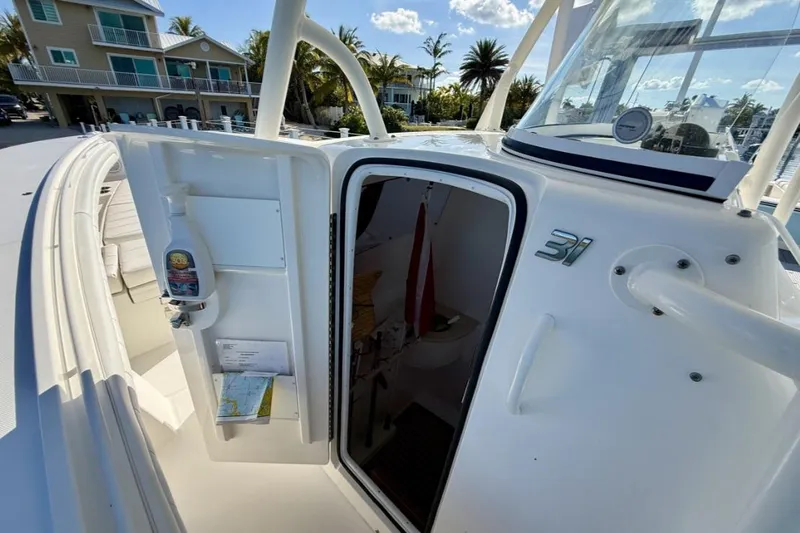 Slide: The Image of 2019 Regulator 31 boat interior with open cabin door, showcasing storage and amenities. - 43