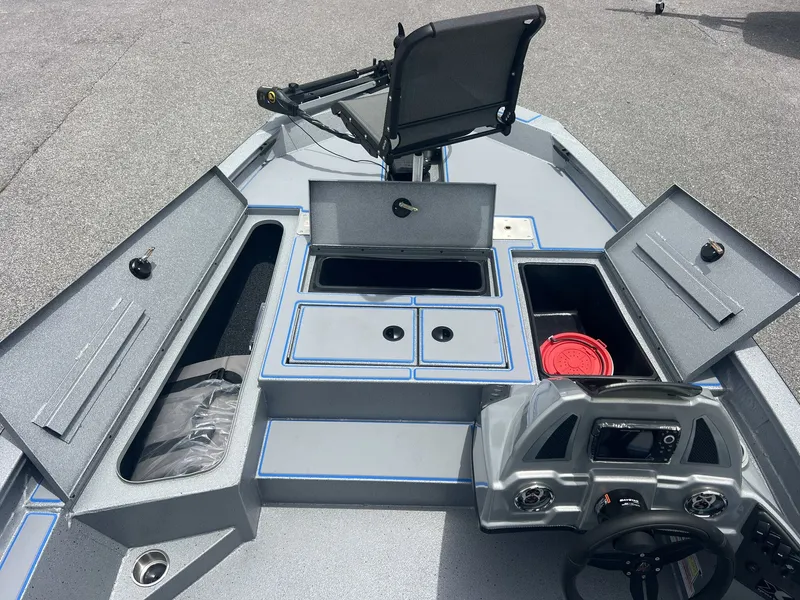 Slide: The Image of Xpress Hyper-Lift Crappie Series H18C 2026 with open storage and console. - 5