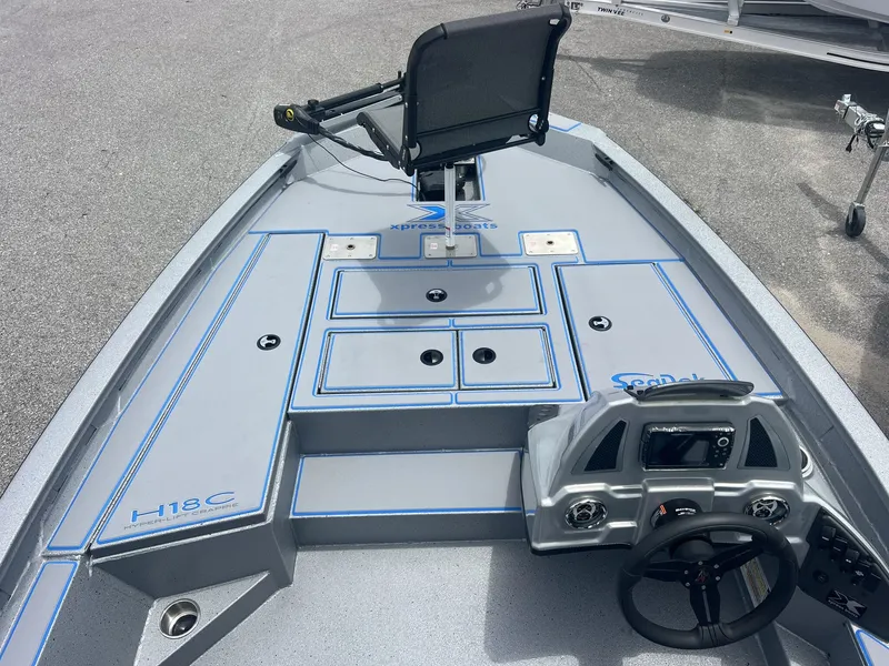 Slide: The Image of Xpress Hyper-Lift Crappie Series H18C boat, 2026 model, gray deck design. - 7