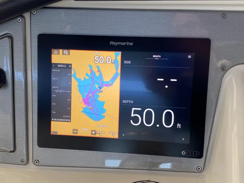 Slide: The Image of Raymarine navigation system on 2007 Carver 36 Sedan, displaying 50 feet depth. - 43