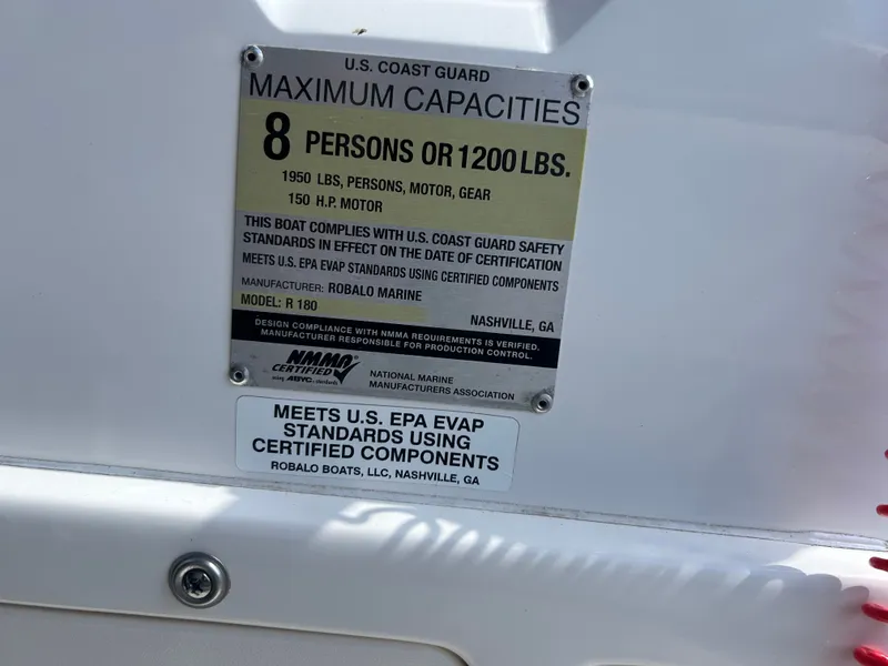 Slide: The Image of Robalo R180CC 2018 boat capacity plate, 8 persons or 1200 lbs. - 16