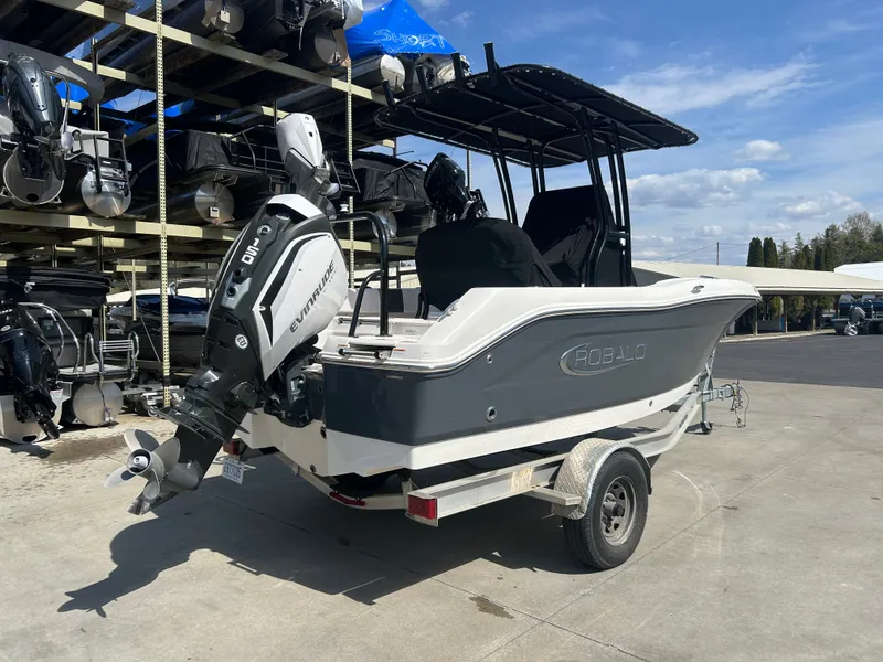 Slide: The Image of 2018 Robalo R180CC boat with Evinrude motor on trailer. - 5