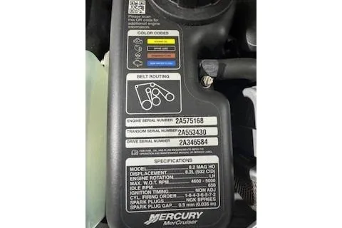 Slide: The Image of Engine specifications label on a 2018 Cobalt A28 boat, featuring Mercury MerCruiser details. - 22