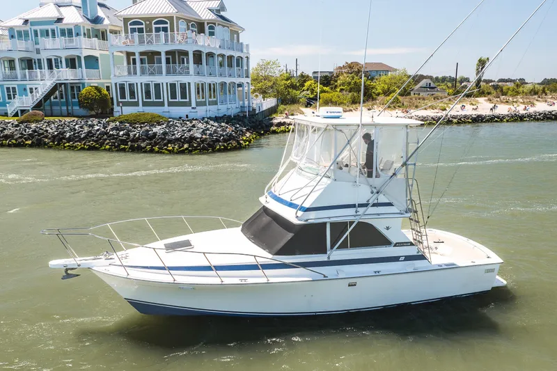 The Image of 1986 Bertram 35 Flybridge Sportfish cruising near waterfront homes. - 0