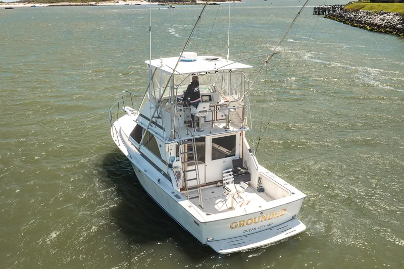 Slide: The Image of 1986 Bertram 35 Flybridge Sportfish boat cruising on a sunny day in open waters. - 4