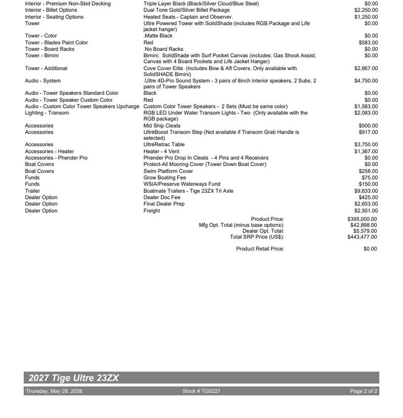 Slide: The Image of 2027 Tigé Ultré 23ZX pricing and options list. - 3