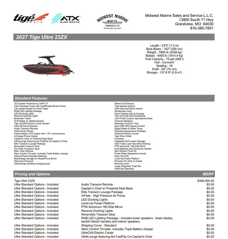 Slide: The Image of 2027 Tigé Ultré 23ZX boat specifications and pricing list. - 4