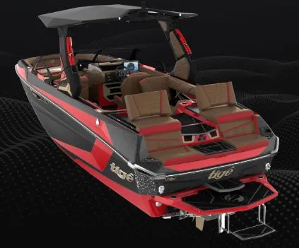 Slide: The Image of 2027 Tigé Ultré 23ZX boat, red and black, luxury design. - 8