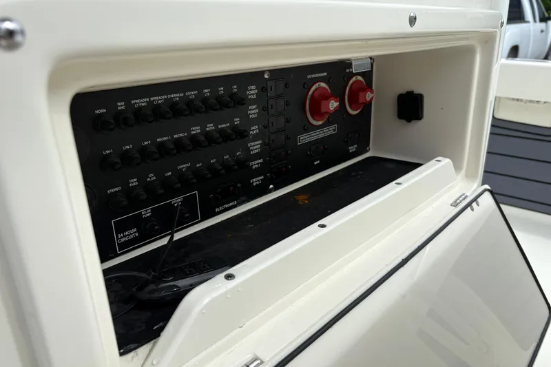 Slide: The Image of Control panel of a 2025 Pathfinder 2200 TRS boat, featuring switches and circuit breakers. - 22